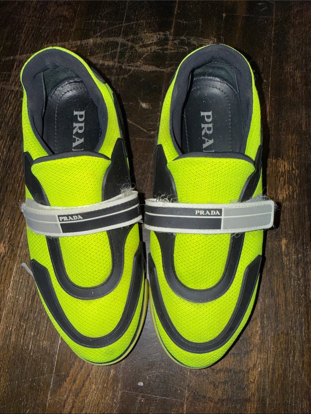 Prada Men’s Neon Yellow-Green Strap Sneakers Runs small